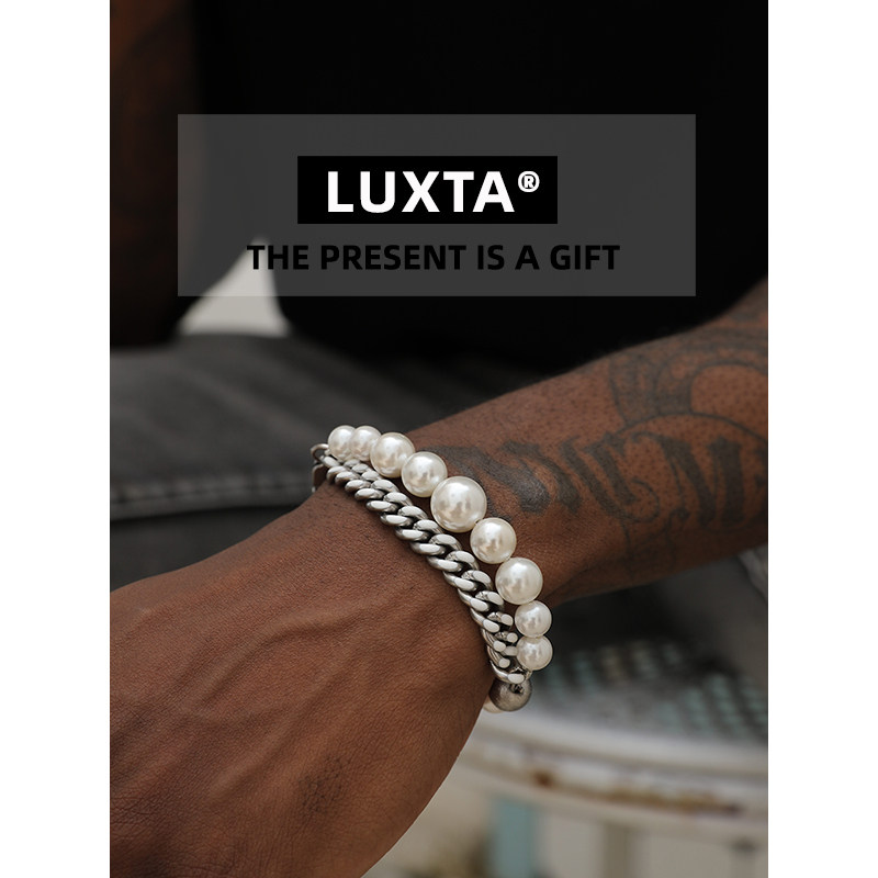 LUXTA оригинальный жемчужный кубинский двухслойный браслет регулируемой длины с белой титановой стальной кубинской цепочкой для мужчин и женщин в стиле хип-хоп
