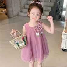 KIDSWER Girls' Summer Dress 2024 New Countryside Style Children's Sleeveless Vest Dress Baby Princess Dress