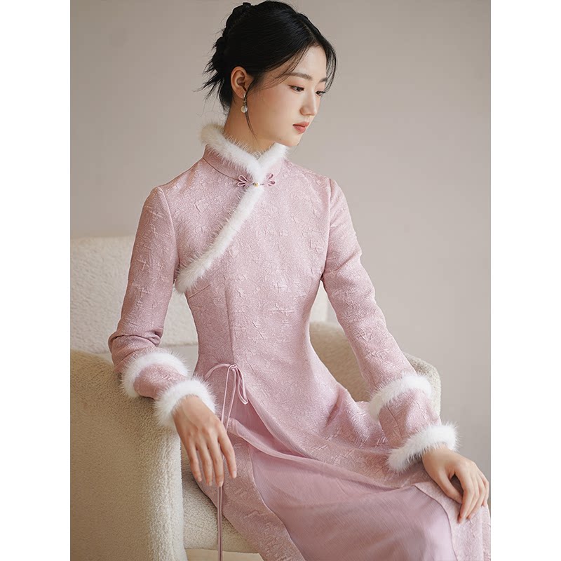 Yiyi pink cheongsam, новинка 2026 года, осенний меховой воротник, пряжа, китайское платье для помолвки, темпераментное платье в национальном стиле для женщин