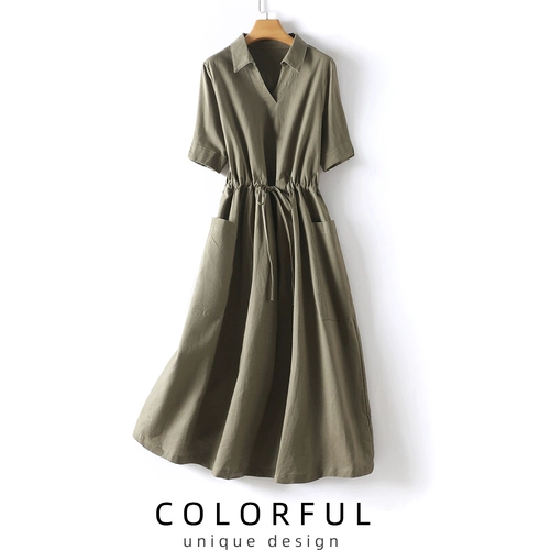 Летнее ретро платье, длинная юбка, из хлопка и льна, короткий рукав, с рукавом, V-образный вырез, свободный крой