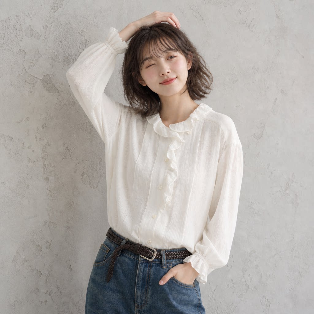 French retro style white shirt with ruffled collar, women's, 2026 spring and autumn new design, unique and elegant loose-fitting shirt.