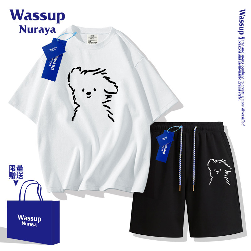 Костюм с короткими рукавами WASSUPNURAYA puppy для мужчин и женщин, новинка 2026 года, летняя футболка в спортивном стиле, шорты, костюм-двойка
