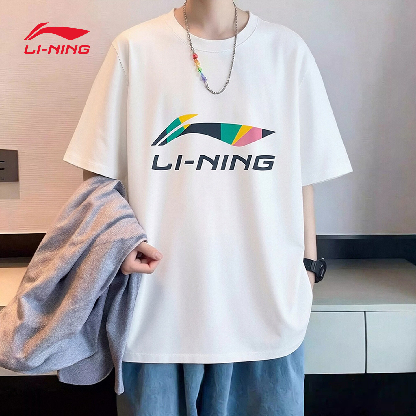 Мужская хлопковая дышащая футболка с короткими рукавами Li Ning, летняя новая молодежная официальная футболка с короткими рукавами и круглым вырезом, спортивный топ