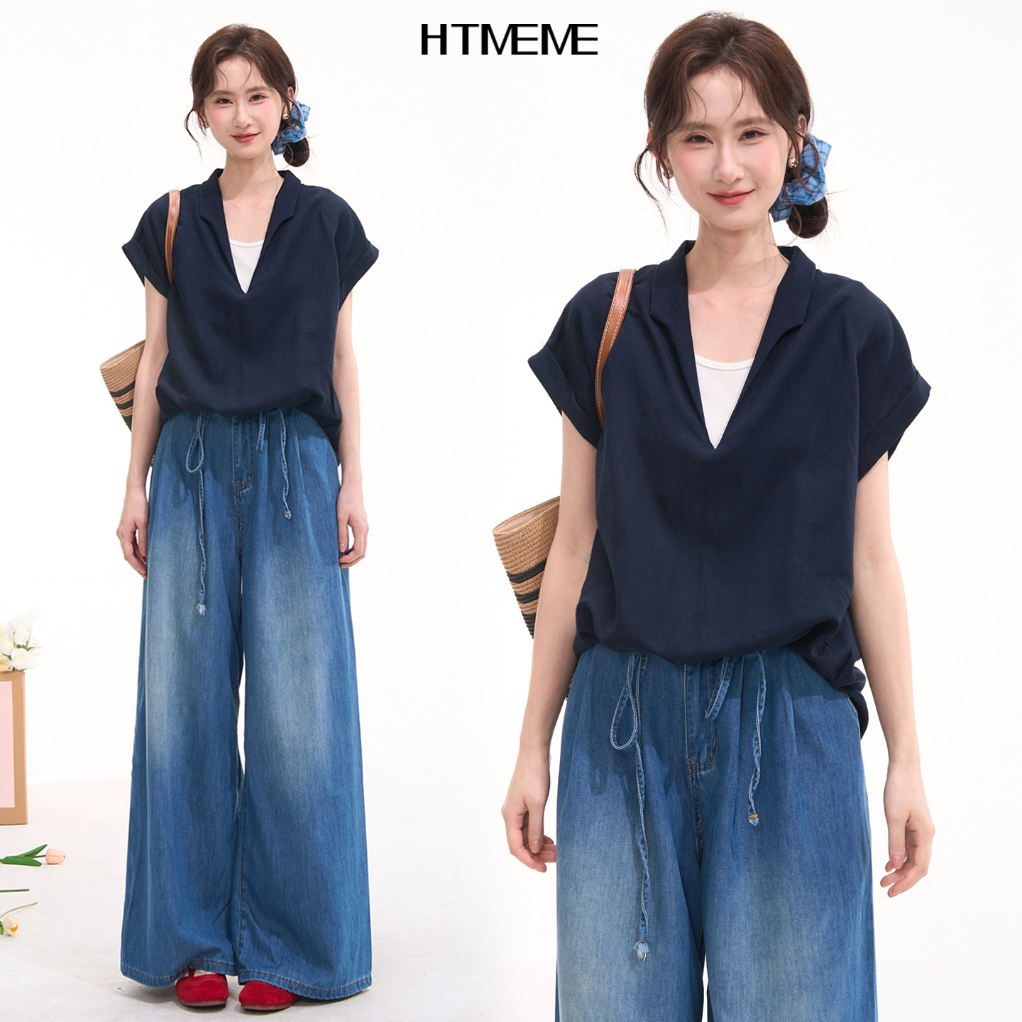 HTmeme Summer Sweetheart ~ Relaxed Korean Style Faux Two-Piece Design Commuter Short-Sleeve Shirt for Women, Summer