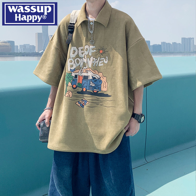 wassup happy американская замшевая футболка, мужская летняя трендовая плотная рубашка поло с короткими рукавами, свободная верхняя одежда