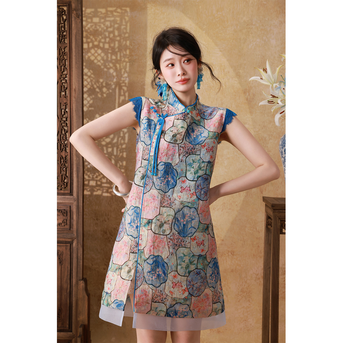 женское летнее платье-ципао в китайском стиле young blue cheongsam с юбкой “Юлоучунь" от dangdang somes