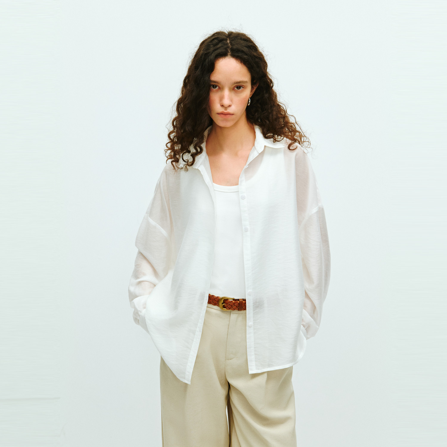 REDOLENCE sun protection shirt, summer niche design, back slit white cover-up top for women.