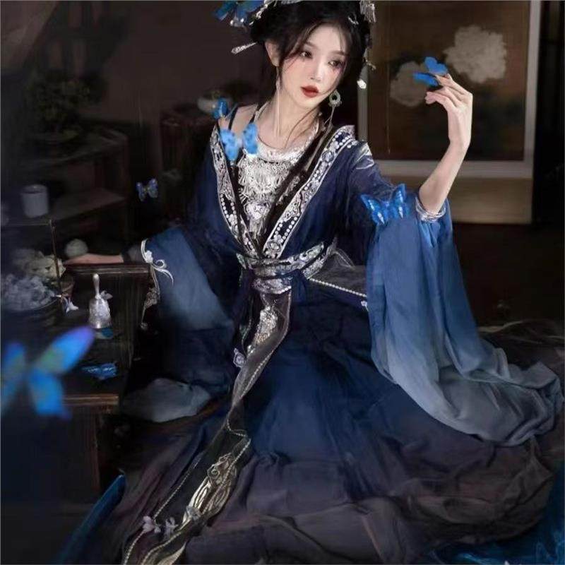 Новая женская юбка Hanfu Miaojiang girl с вышивкой Южных и Северных династий, с длинными рукавами и поясом, этнический экзотический костюм в китайском стиле Вэй и Цзинь
