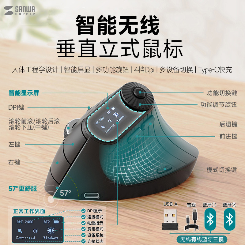 Японская беспроводная мышь SANWA Bluetooth эргономичная вертикальная интеллектуальная компьютерная мышь с перезаряжаемым трехрежимным дисплеем