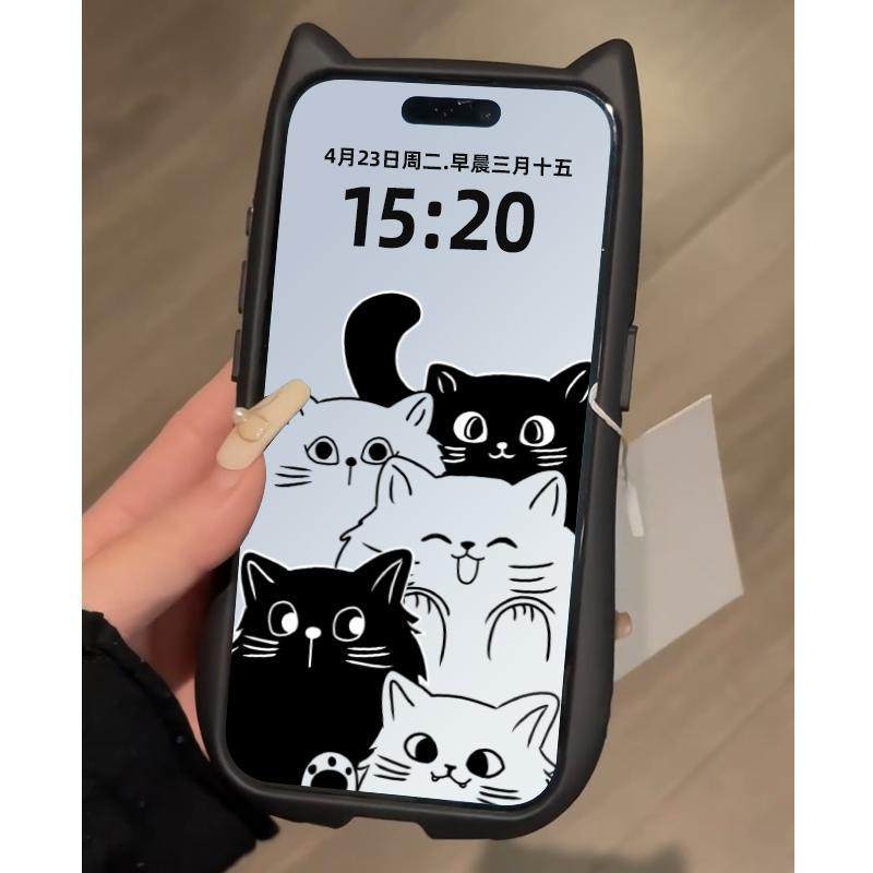 可爱线条猫猫适用于16苹果17Promax手机壳iPhone15plus新款14卡通13高级感12小众11透明xs防摔xr猫耳朵保护套