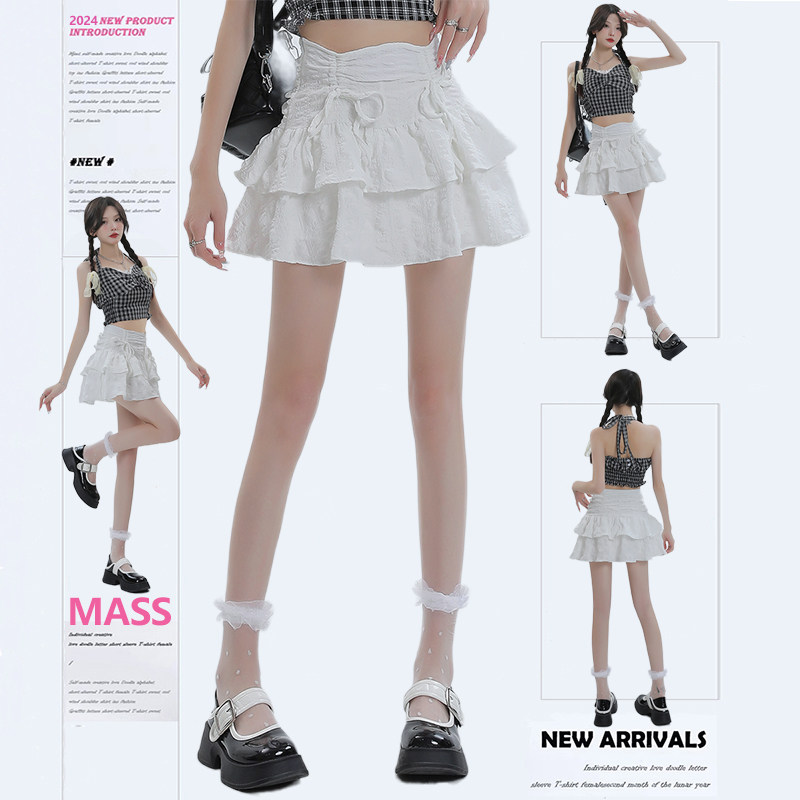 MASS White Short Skirt Women's Summer A-line Skirt with Pleated Drawstring, High-waisted, Double-layered Cake Skirt