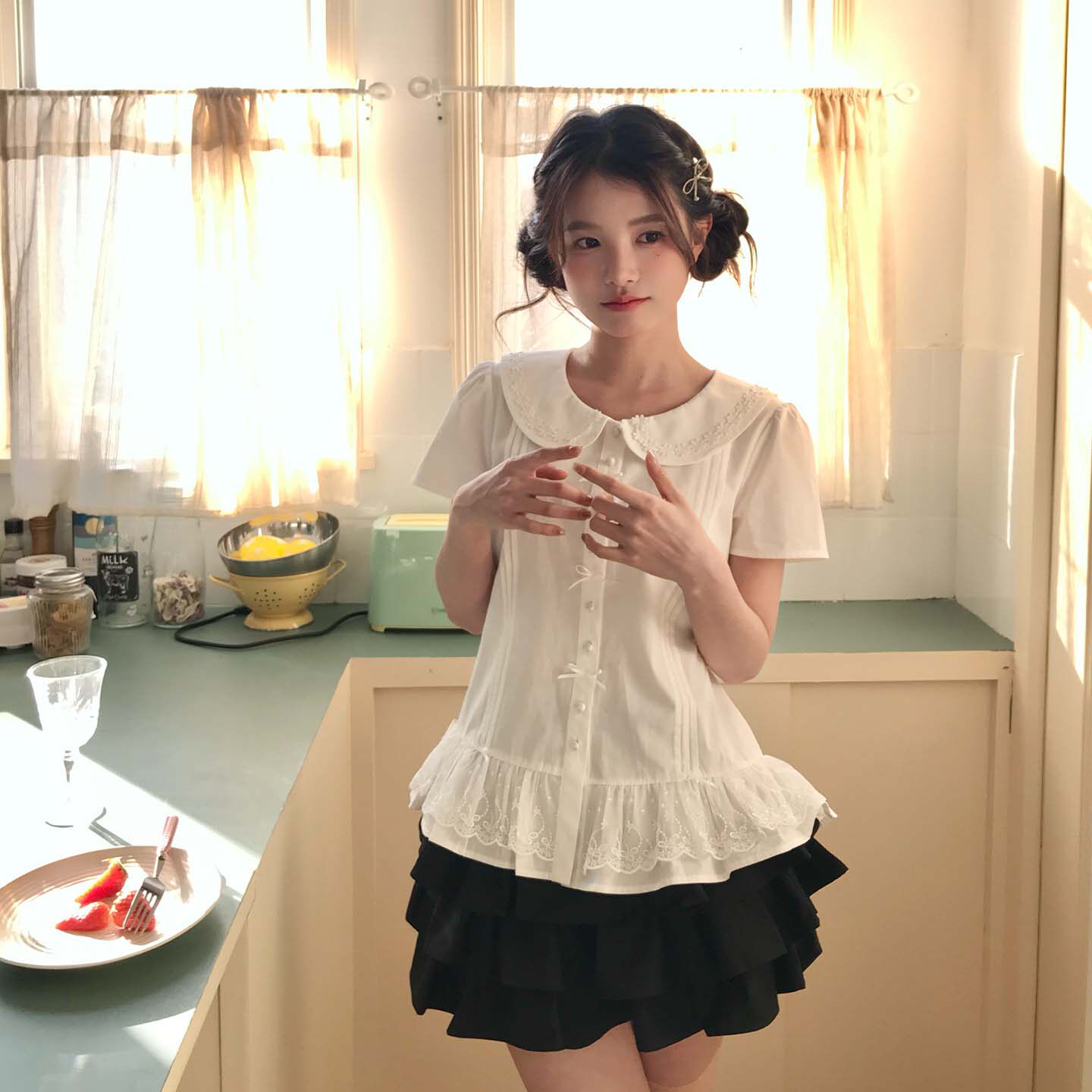 Tokyo Seasonal Collection JK New Style Tie-Waist Short-Sleeve Shirt Women's Summer Petite Cute White Peter Pan Collar Top