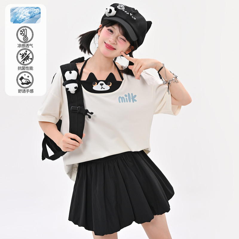 Forest girl tribe design sense niche original hanging neck loose contrasting color short sleeved top fake two piece T-shirt for women in summer 2026