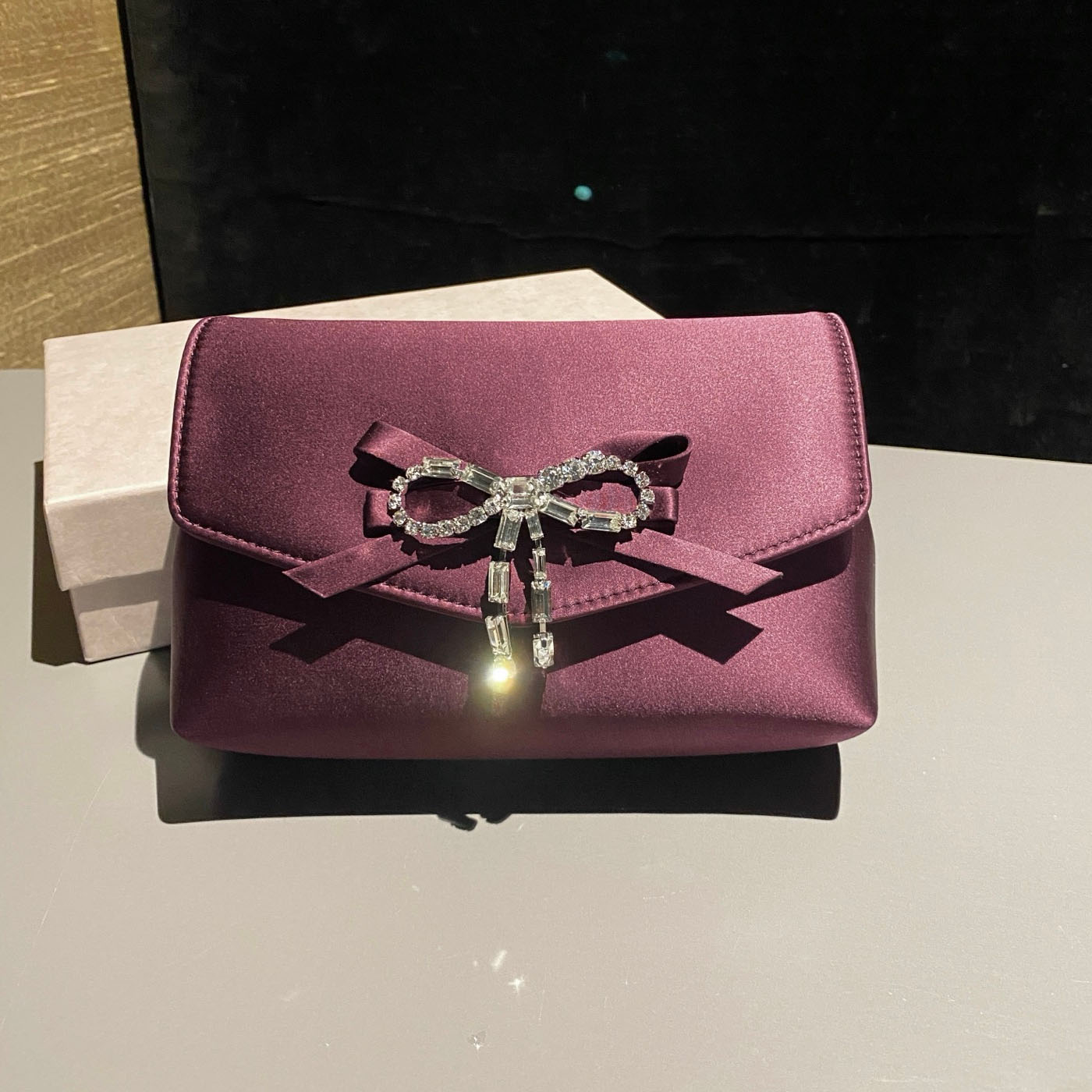 High-end purple satin evening bag with rhinestone bow flap, party dress chain shoulder/clutch.