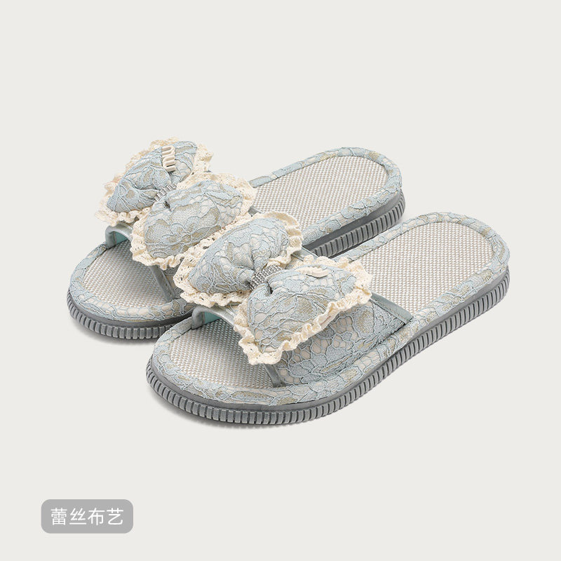 Summer elegant lady-style lace bow cotton and linen slippers for women, girly and cute, suitable for home use and all seasons.