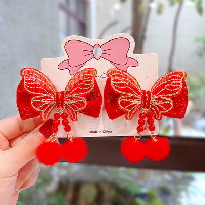 taobao agent 儿童古风发夹刺绣蝴蝶毛球流苏小女孩汉服新年红色头饰宝宝发卡
