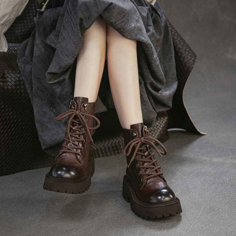 2026 Autumn New Style Top Layer Cowhide Retro Martin Boots Round Toe Thick Sole Side Zipper Women's Commuter Shoes