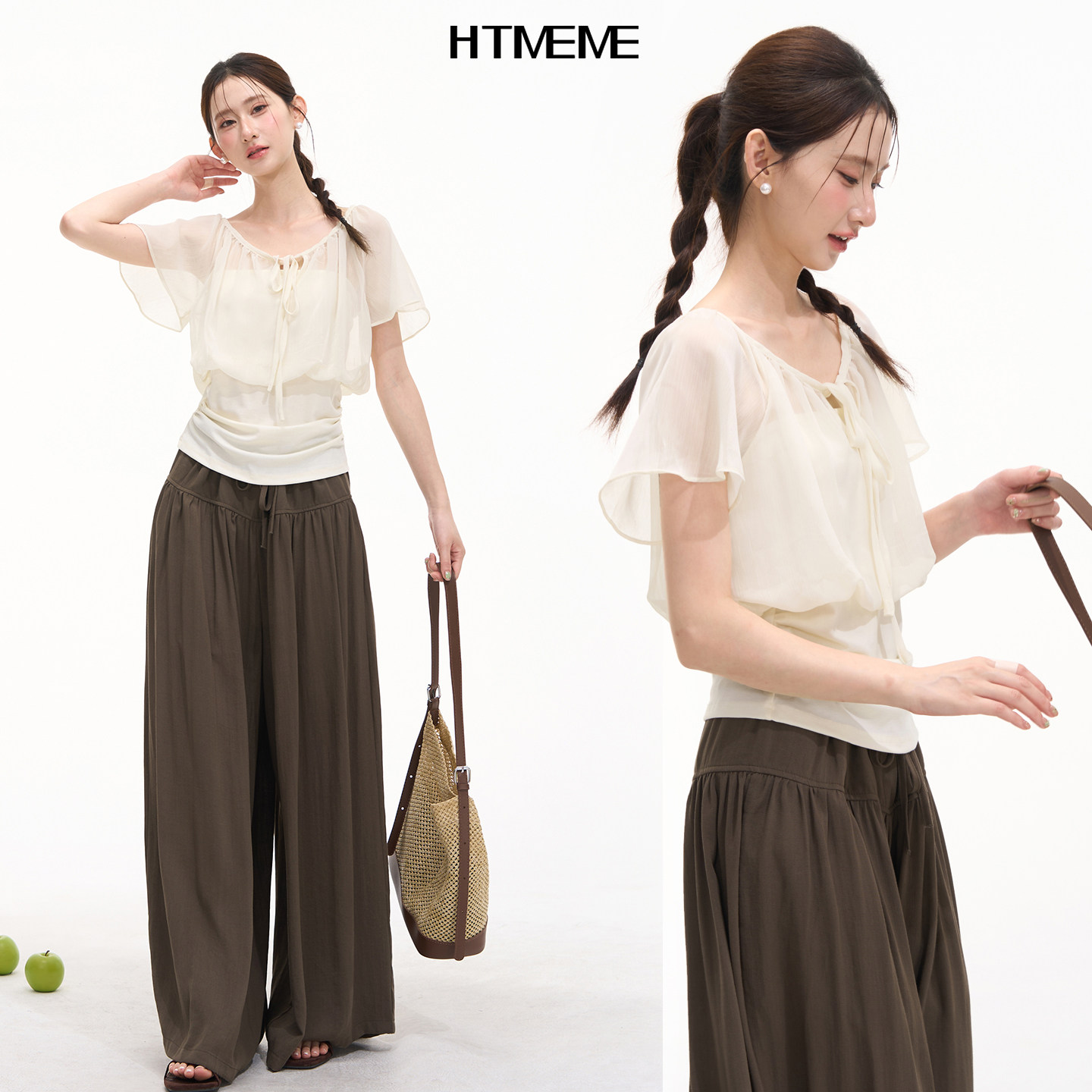 HTmeme White Peach Tea Blouse - Women's Summer Slimming V-Neck Shirt with Waist Tie