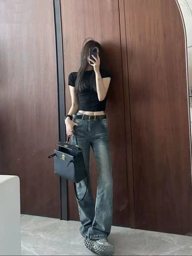 Прямые свободные джинсы, штаны, приталенные весенние летние ретро штаны-клёш, 2024 года, новая коллекция, подходит для подростков