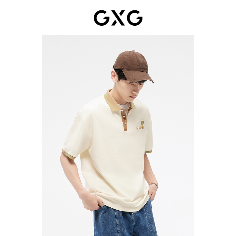 GXG mens clothing contrasting color spliced ​​neckline exquisite embroidered casual couple short-sleeved Polo shirt men 24 years of clearance