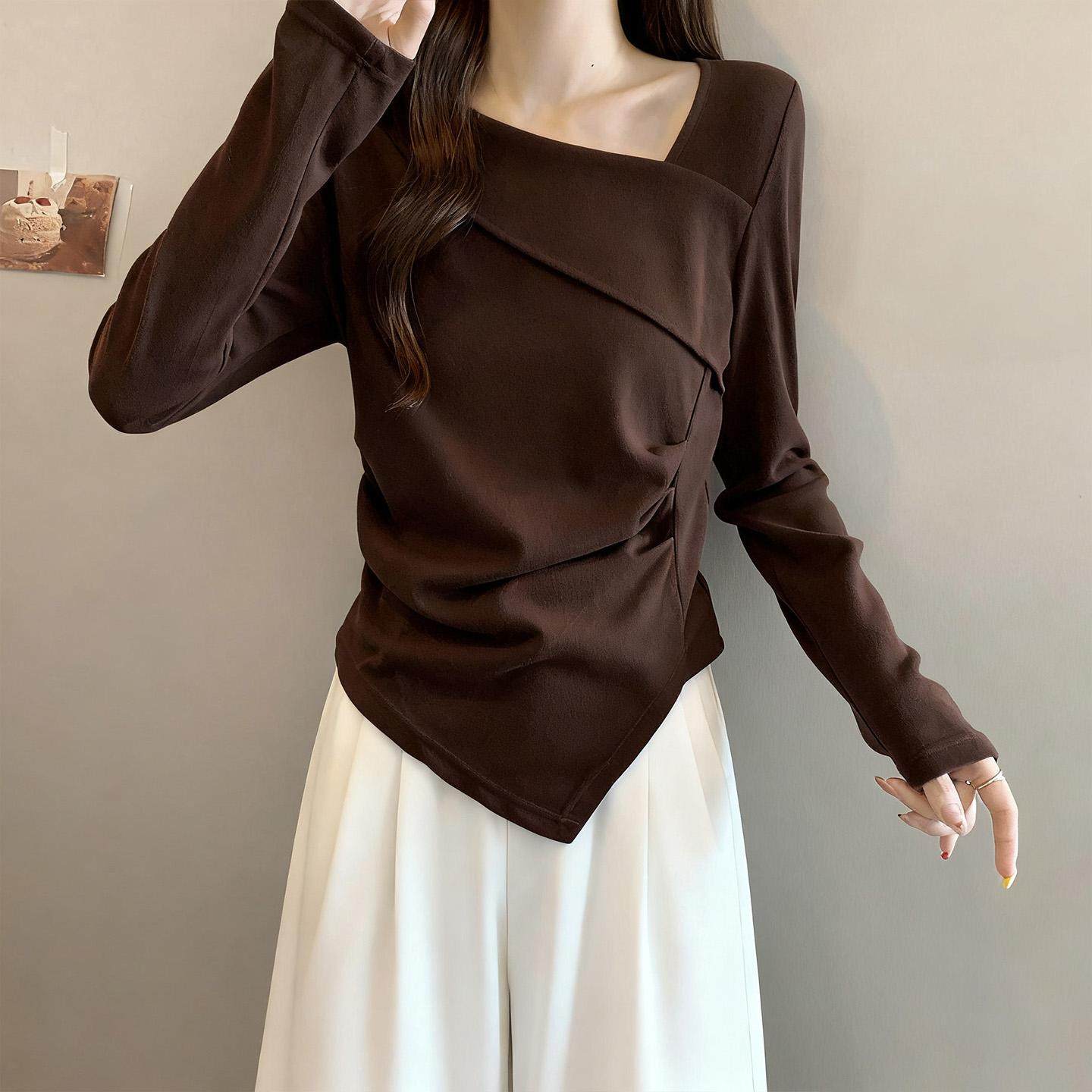 New pure cotton inner layer irregular long-sleeved T-shirt for women, autumn and winter niche slanted neck base layer slimming top