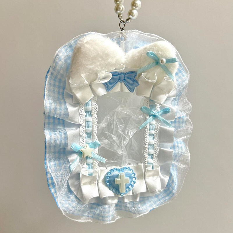 Instagram-style DIY lace plush card holder, featuring anime idol photo cards, suitable for student backpacks or as a pendant.