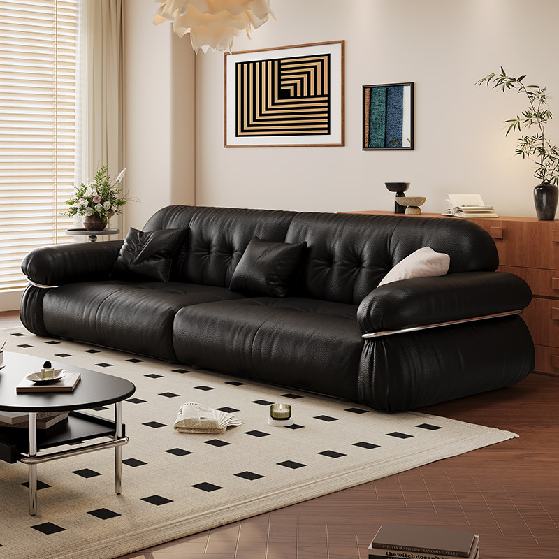 Новинка 2025 года, французское ретро, Одри, черное стальное кольцо, кожаный диван для гостиной, дизайнерский стиль, средневековый стиль, встроенный