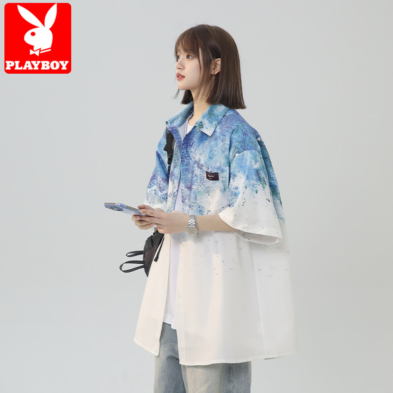 Мужская рубашка с короткими рукавами Playboy ink tie-dye, новинка 2026 года, летняя свободная рубашка tide, фирменный дизайн, куртка-рубашка