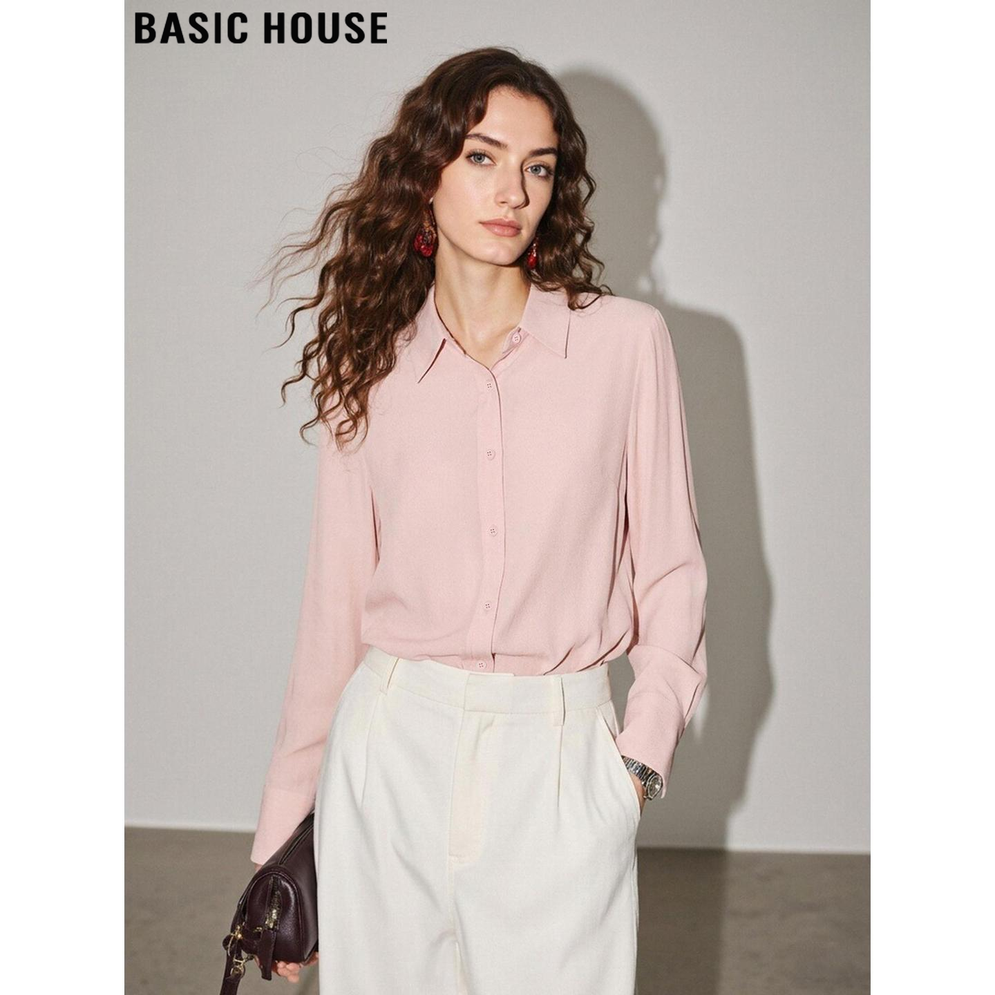 Basic House Pink Chiffon Shirt for Women, Summer French Style Collared Long Sleeve Shirt