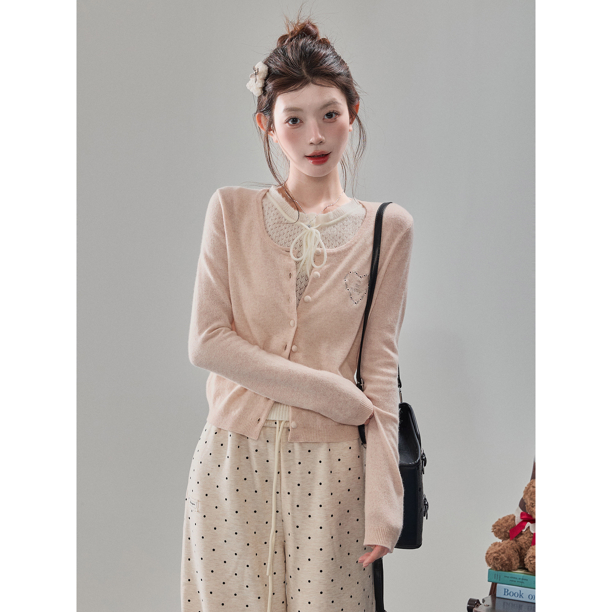 BBT Sweety Pink Soft and Sweet Wool Knit Cardigan Top Vest Polka Dot Pants Three-Piece Set
