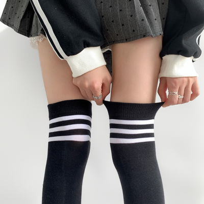 taobao agent 夜间教习室白色长筒袜女春秋款过膝学院风二杠显瘦日系条纹jk袜子