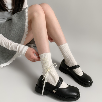 taobao agent 夜间教习室芭蕾风袜子女秋款绑带蝴蝶结白色中筒袜少女洛丽塔jk袜