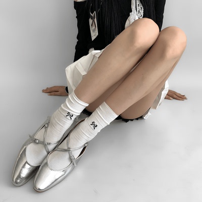 taobao agent 夜间教习室白色堆堆袜女春秋可爱洛丽塔蝴蝶结刺绣中筒袜子短筒袜