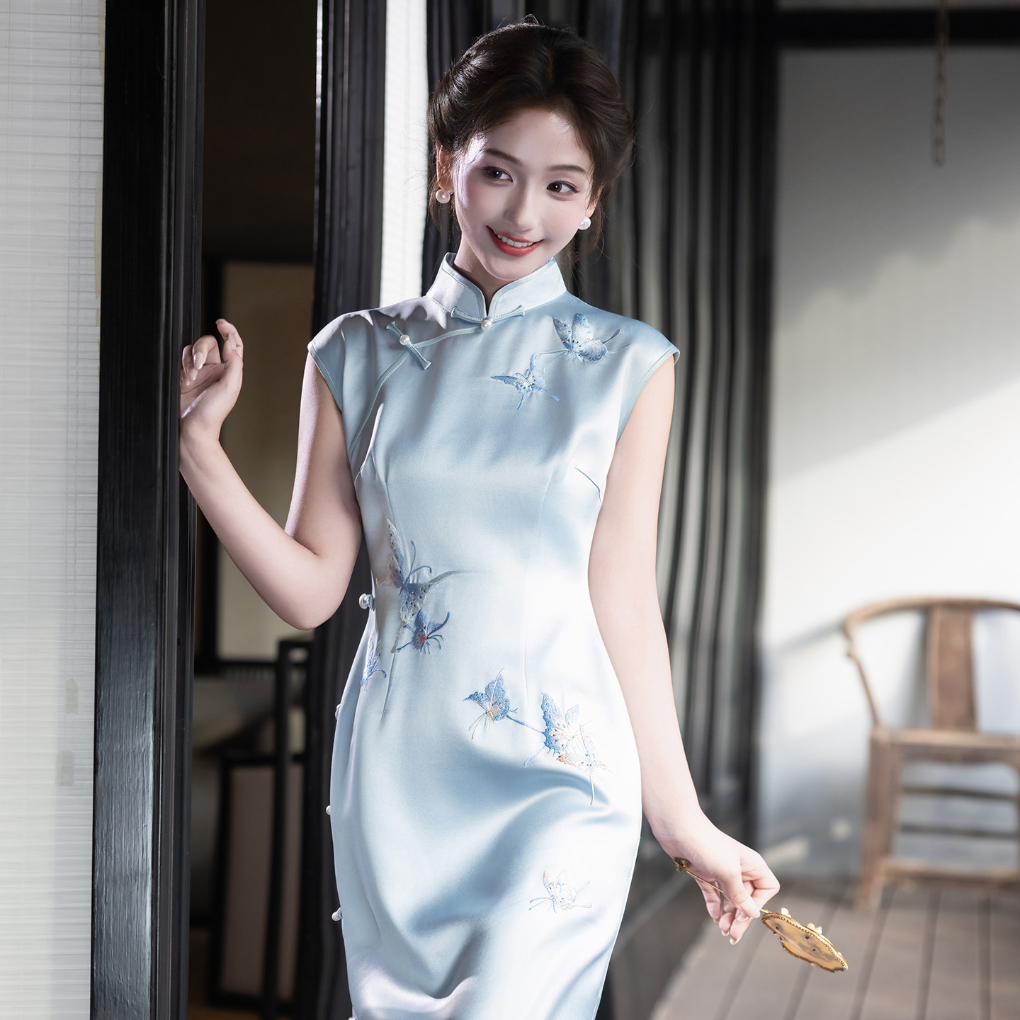 Синее высококачественное новое свадебное платье cheongsam в китайском стиле для помолвки 2026 года, новое платье с сертификатом достойной атмосферы на каждый день