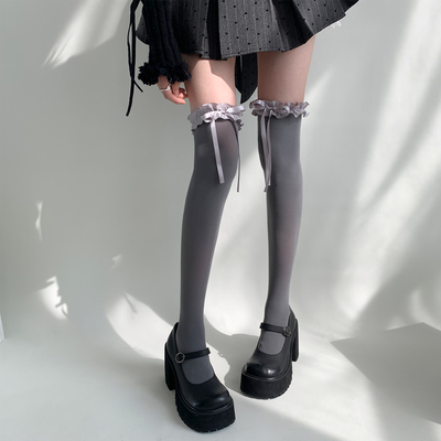 taobao agent 夜间教习室2024秋天鹅绒长筒袜女春秋款蝴蝶结过膝洛丽塔灰色袜子