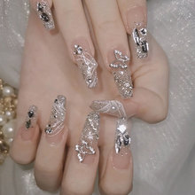 Fake nail patch finished silver sequin burst flash white butterfly rhinestone bride detachable hand worn nail enhancement