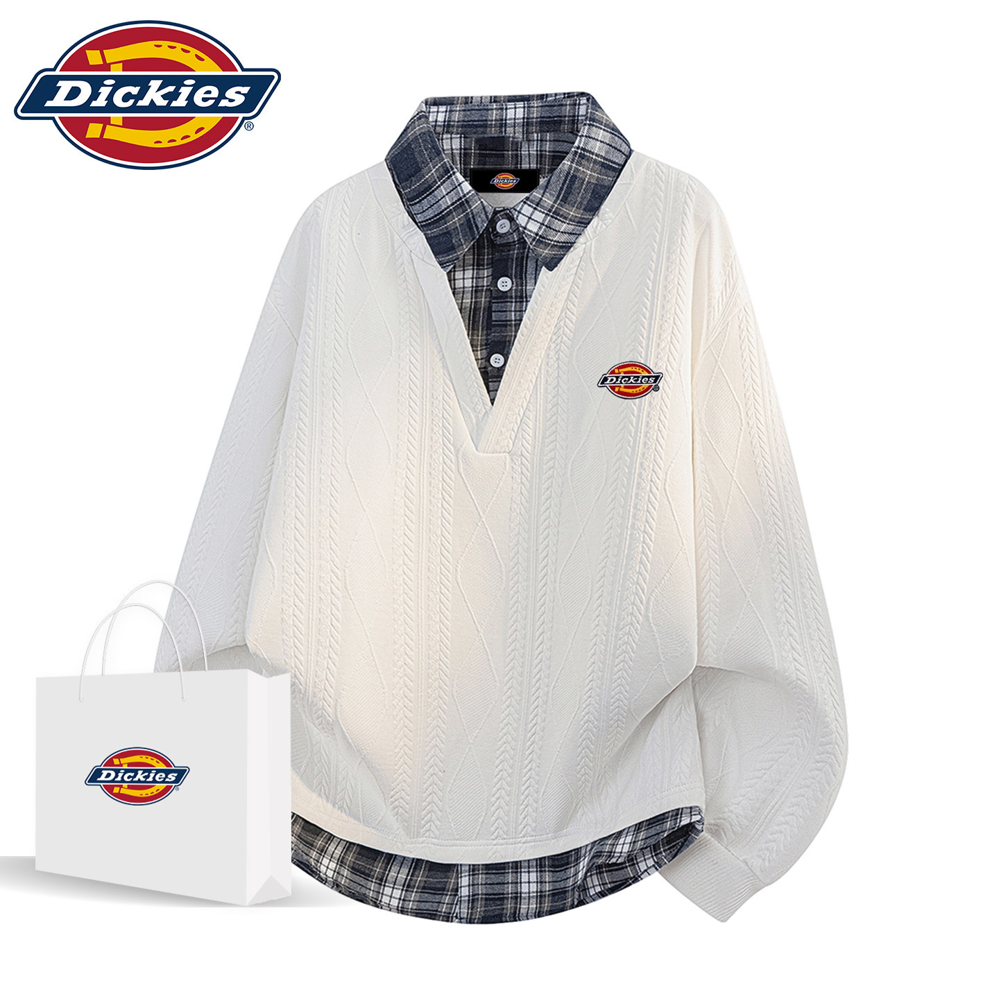 Dickies官方正品美式2026新款男春秋装情侣潮牌衬衫领假两件卫衣
