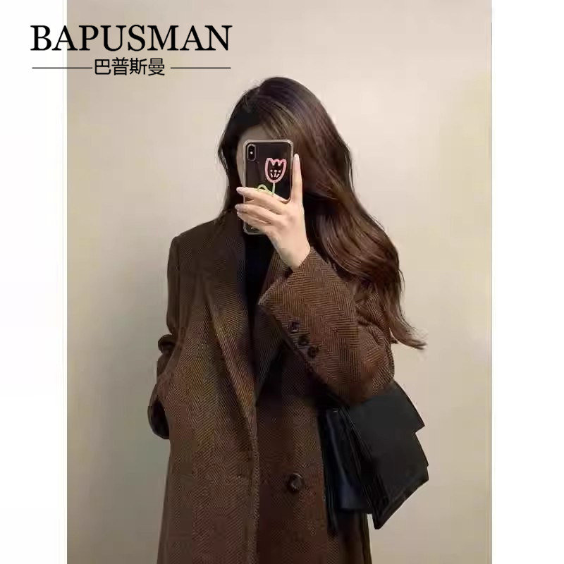 Шерстяное пальто в клетку от BAPUSMAN, женское маленькое пальто 26, новый высококачественный костюм в стиле Хепберн, шерстяное пальто с открытыми плечами