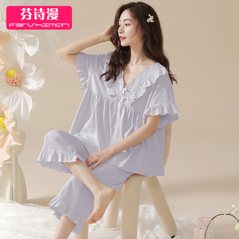 Пижама женская летняя хлопковая с короткими рукавами, укороченные брюки, тонкая женская пижама в стиле принцессы, новинка 2025 года, летняя домашняя одежда с V-образным вырезом