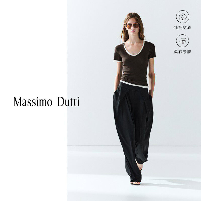 Летняя новинка Massimo Dutti 2026, женская минималистичная хлопковая футболка большого размера с V-образным вырезом и короткими рукавами 06820140700