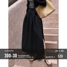 YUMSIOME Time Flows High end Original Ecological Linen Black Elastic Side Split Half Skirt Special