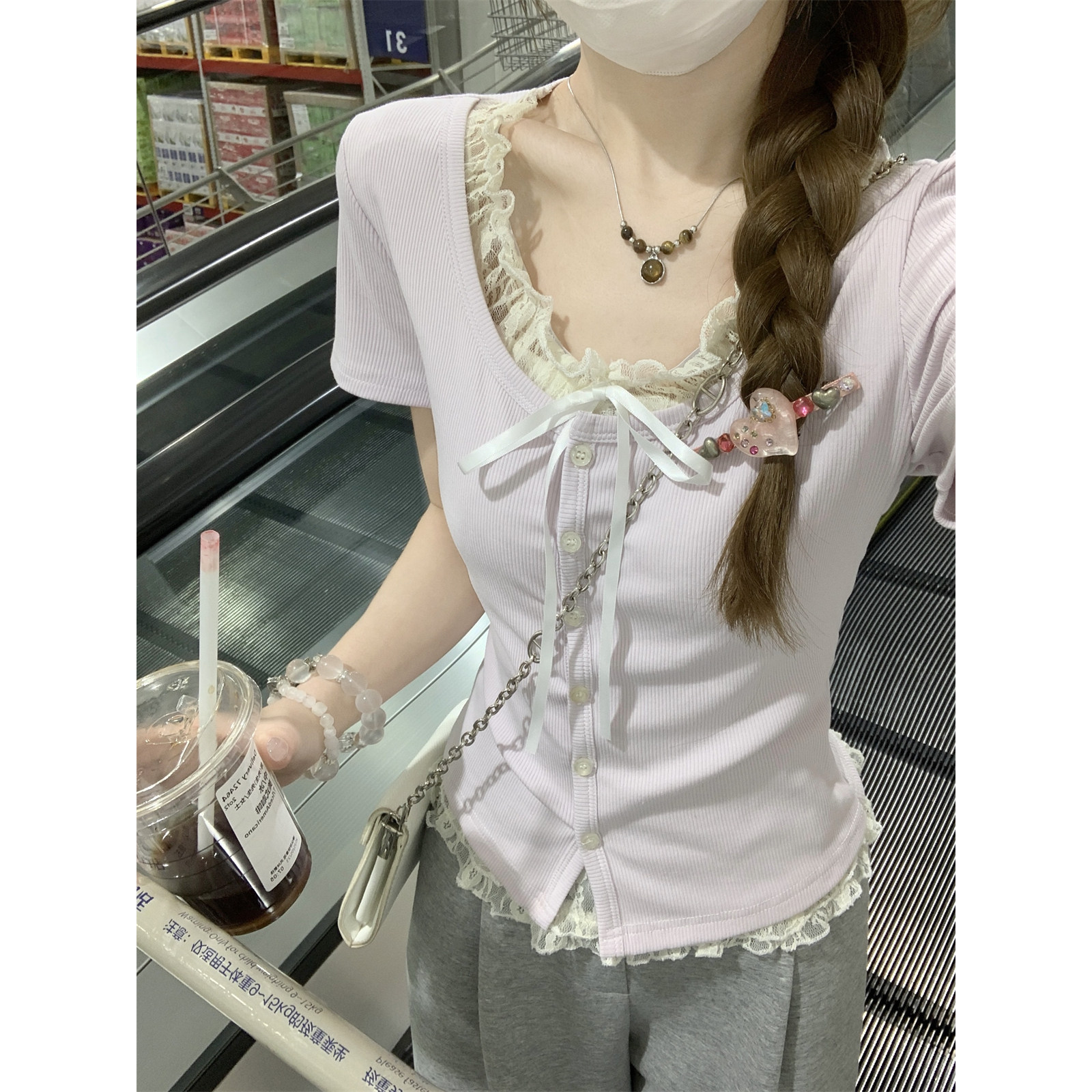 Летняя женская футболка Sweet miu lace на шнуровке с короткими рукавами и U-образным вырезом и накладными пуговицами, состоящая из двух частей, приталенный топ со сладким и пряным низом