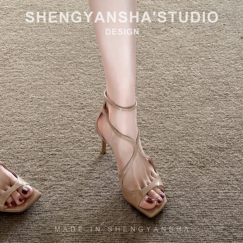 Shengyansha/ французские босоножки с перекрестными ремешками; женские летние босоножки на шпильке телесного цвета на высоком каблуке Super Fire с квадратным носком и открытым носком в виде рыбы
