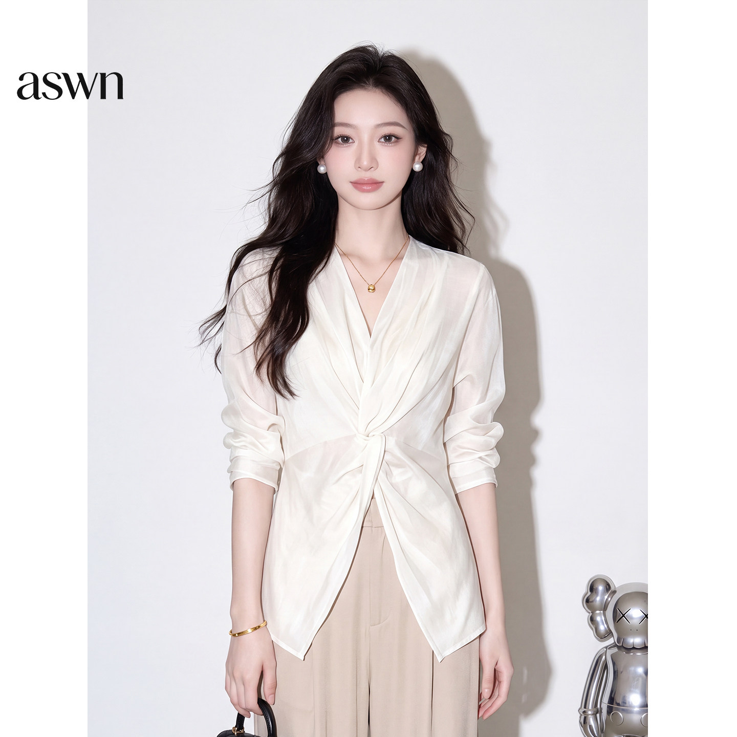 aswn Satin V-neck Shirt for Women, Autumn 2026 New Style, Knotted Three-quarter Sleeves with Roll-up Sleeves, Smooth and Elegant Commuting Top