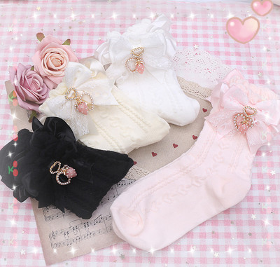 taobao agent 珠珠手作甜美可爱软妹蕾丝花边珍珠爱心草莓吊坠蝴蝶结短袜子女袜