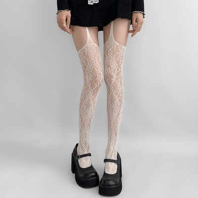 taobao agent 夜间教习室吊带丝袜女一体式白色蕾丝提花渔网袜长筒纯欲辣妹白丝