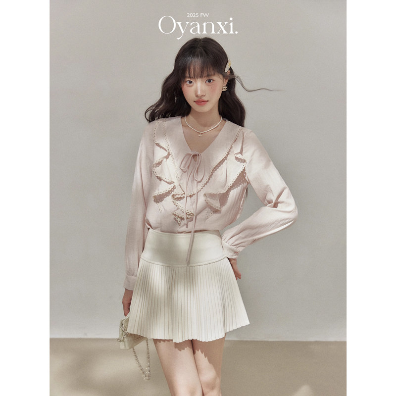 Ouyang happy's "Sweet Peach Afternoon Tea" French Pink Shirt for Women, Early Autumn 2025 New Style Ruffled Top