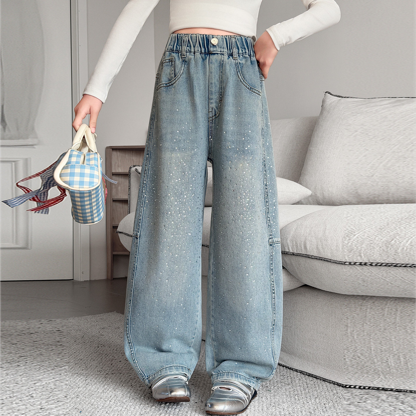 Весенне-летние модели джинсов gypsophila hot diamond jeans для девочек, новинка 2026 года, детские весенне-осенние универсальные повседневные брюки-ятаганы в западном стиле