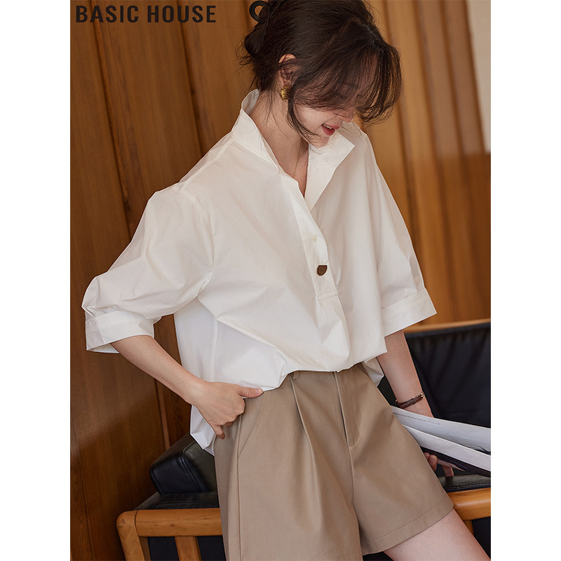 Basic House/Baijia хорошая белая рубашка из ледяного шелка с короткими рукавами, свободная рубашка с лацканами для женщин, лето 2026