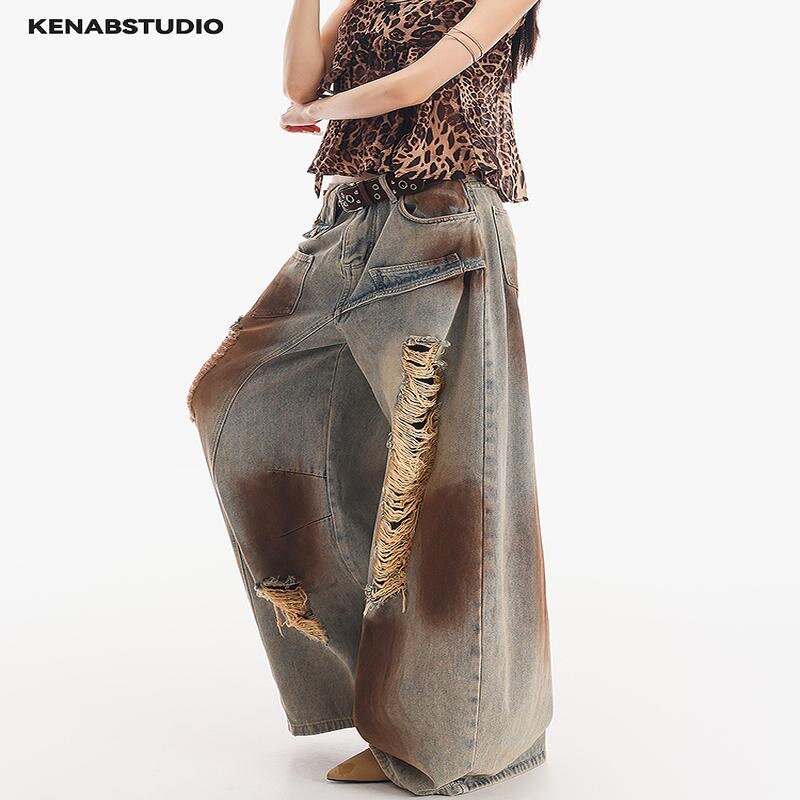 KENABSTUDIO, новый летний стиль, желтые рваные джинсы, женские свободные и тонкие широкие брюки в стиле wasteland
